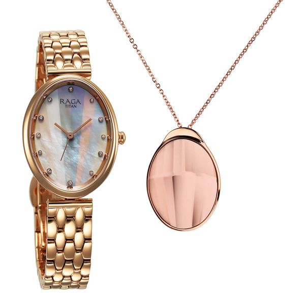 Titan 95258WM01F | Titan Raga Memoirs Quartz Analog Mother Of Pearl Dial Rose Gold Metal Strap Oval Shaped Watch For Women