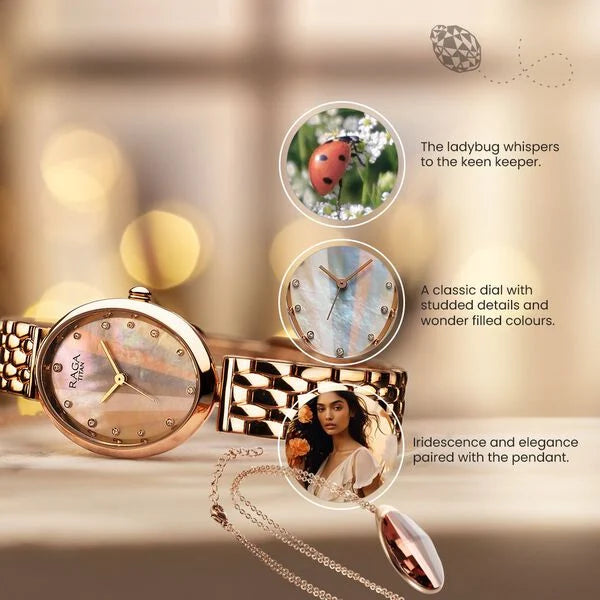 Titan 95258WM01F | Titan Raga Memoirs Quartz Analog Mother Of Pearl Dial Rose Gold Metal Strap Oval Shaped Watch For Women