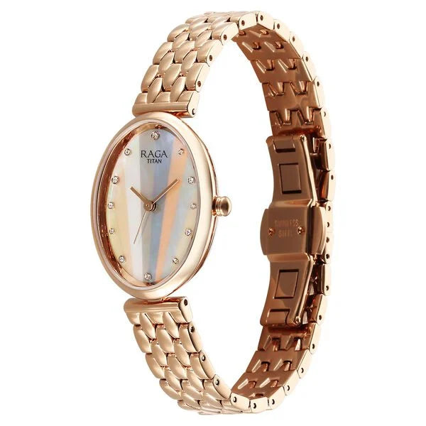 Titan 95258WM01F | Titan Raga Memoirs Quartz Analog Mother Of Pearl Dial Rose Gold Metal Strap Oval Shaped Watch For Women