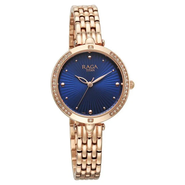 Titan 95266WM01 | Titan Raga Showstopper Quartz Analog Blue Dial Rose Gold Metal Strap Watch For Women