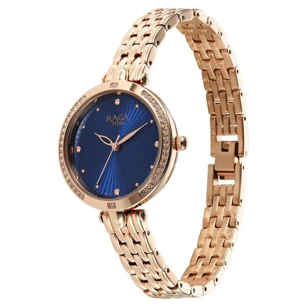 Titan 95266WM01 | Titan Raga Showstopper Quartz Analog Blue Dial Rose Gold Metal Strap Watch For Women
