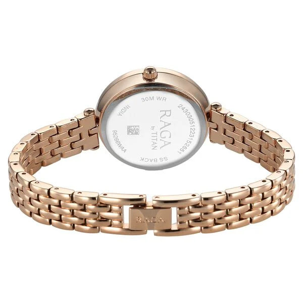 Titan 95266WM01 | Titan Raga Showstopper Quartz Analog Blue Dial Rose Gold Metal Strap Watch For Women