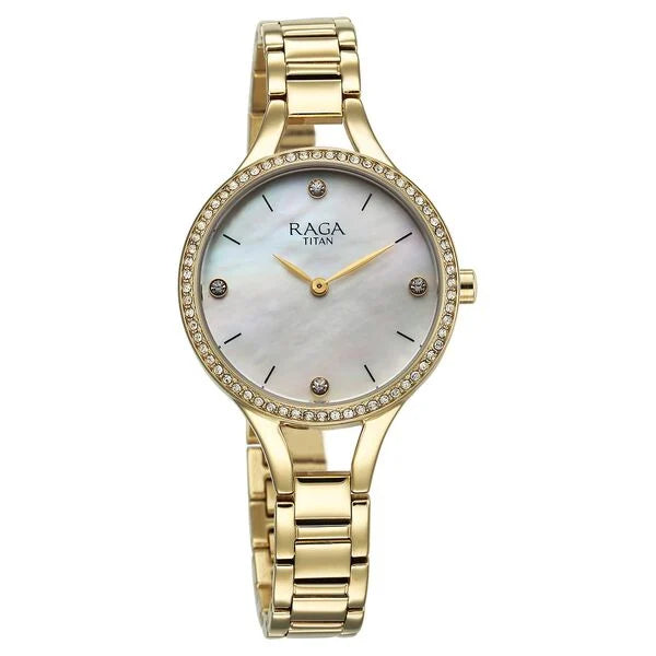 Titan 95275YM01 | Titan Raga Showstopper Quartz Analog Mother Of Pearl Round Dial Golden Metal Strap Watch For Women