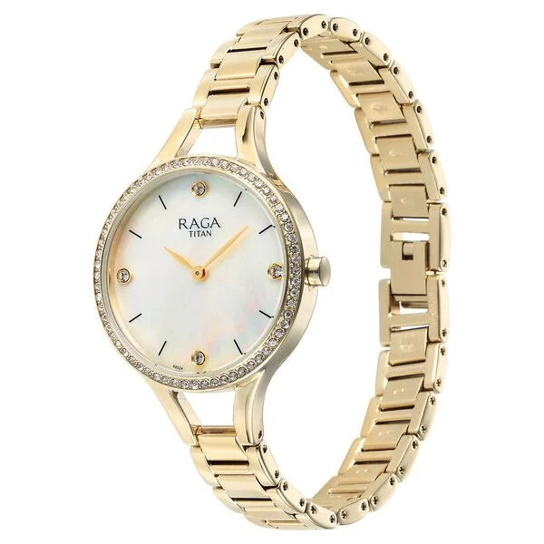 Titan 95275YM01 | Titan Raga Showstopper Quartz Analog Mother Of Pearl Round Dial Golden Metal Strap Watch For Women
