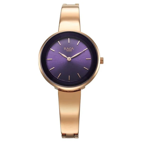 Titan 95276WM01 | Titan Raga Showstopper Quartz Analog Purple Round Dial Rose Gold Metal Strap Watch For Women