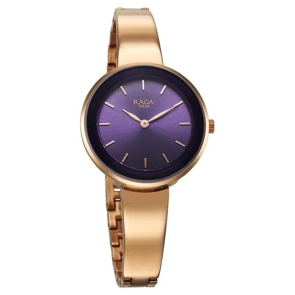 Titan 95276WM01 | Titan Raga Showstopper Quartz Analog Purple Round Dial Rose Gold Metal Strap Watch For Women