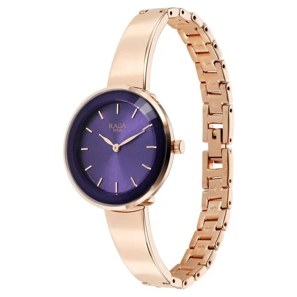 Titan 95276WM01 | Titan Raga Showstopper Quartz Analog Purple Round Dial Rose Gold Metal Strap Watch For Women
