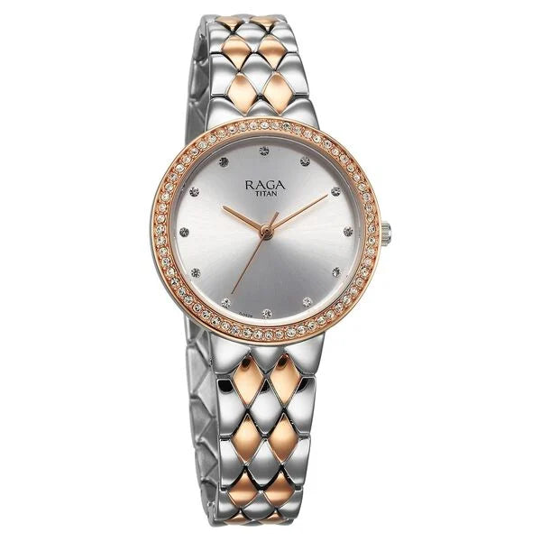Titan 95282KM01 | Titan Raga Showstopper Quartz Analog Silver Round Dial Two Toned Metal Strap Watch For Women