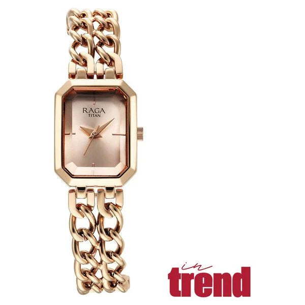 Titan 95283WM01 | Titan Raga Showstopper Quartz Analog Rose Gold Dial Rose Gold Metal Strap Rectangular Shaped Watch For Women