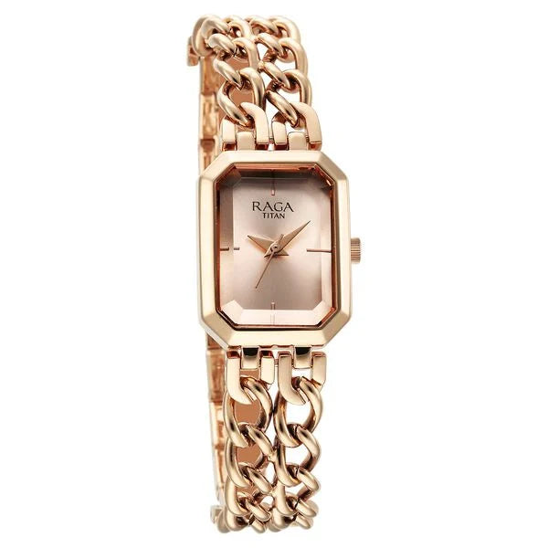 Titan 95283WM01 | Titan Raga Showstopper Quartz Analog Rose Gold Dial Rose Gold Metal Strap Rectangular Shaped Watch For Women