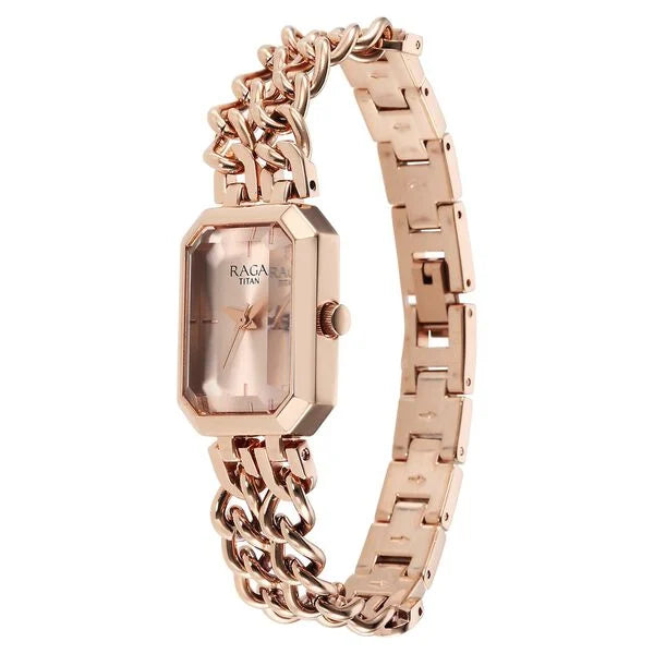 Titan 95283WM01 | Titan Raga Showstopper Quartz Analog Rose Gold Dial Rose Gold Metal Strap Rectangular Shaped Watch For Women