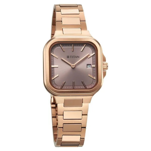 Titan 95291WM01 | Titan Slim Square Quartz Analog with Date Lavender Dial With Rose Gold Color Stainless Steel Strap Watch For Women