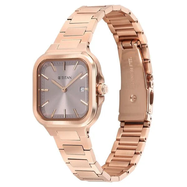 Titan 95291WM01 | Titan Slim Square Quartz Analog with Date Lavender Dial With Rose Gold Color Stainless Steel Strap Watch For Women