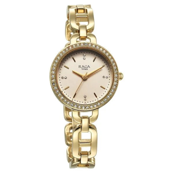 Titan 95305YM01 | Titan Raga Showstopper Quartz Analog Golden Dial Metal Strap Watch For Women