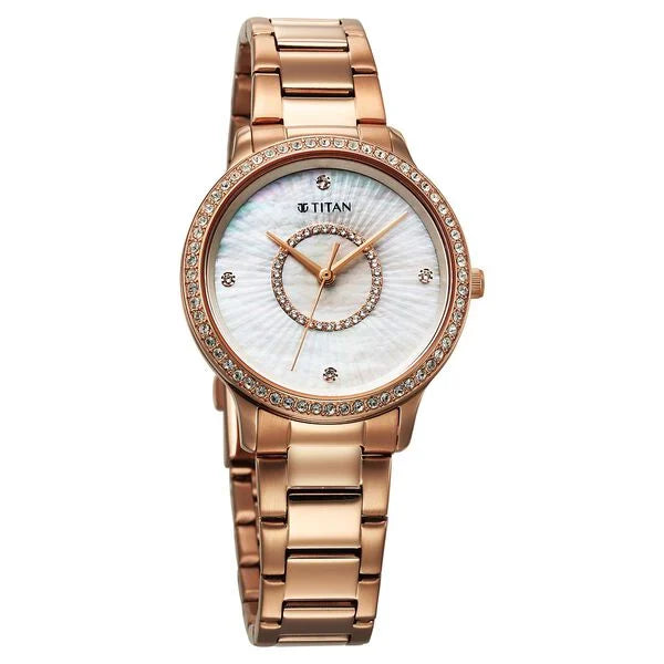 Titan 95314WM01 | Titan Glamour Quartz Analog Mother Of Pearl Dial Rose Gold Stainless Steel Strap Watch For Women