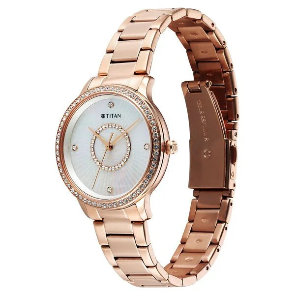 Titan 95314WM01 | Titan Glamour Quartz Analog Mother Of Pearl Dial Rose Gold Stainless Steel Strap Watch For Women