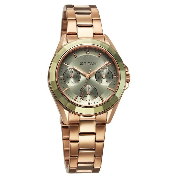 Titan 95315KM03 | Titan Glamour Quartz Multifunction Green Dial Rose Gold Stainless Steel Strap Watch For Women
