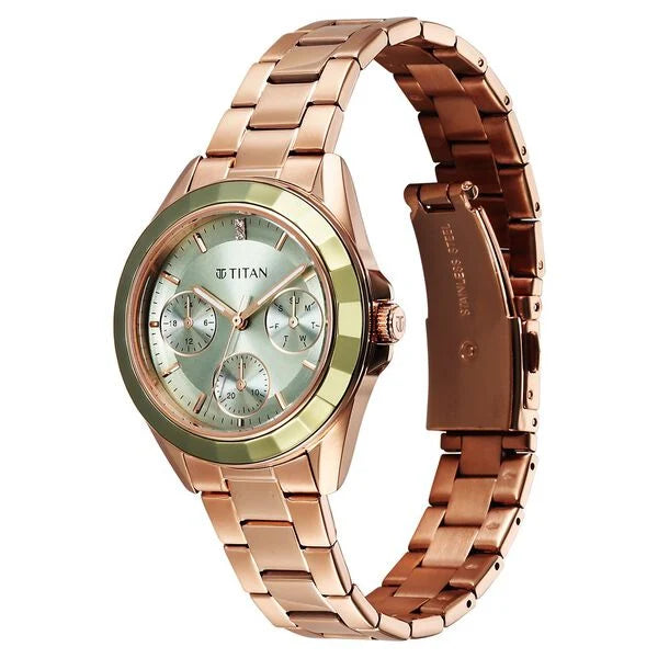 Titan 95315KM03 | Titan Glamour Quartz Multifunction Green Dial Rose Gold Stainless Steel Strap Watch For Women