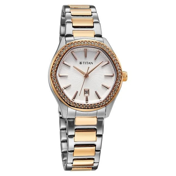 Titan 95326KM01 | Titan Glamour Quartz Analog with Date Silver Dial Two Toned Stainless Steel Strap Watch For Women