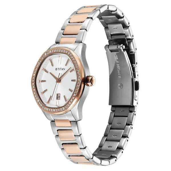 Titan 95326KM01 | Titan Glamour Quartz Analog with Date Silver Dial Two Toned Stainless Steel Strap Watch For Women