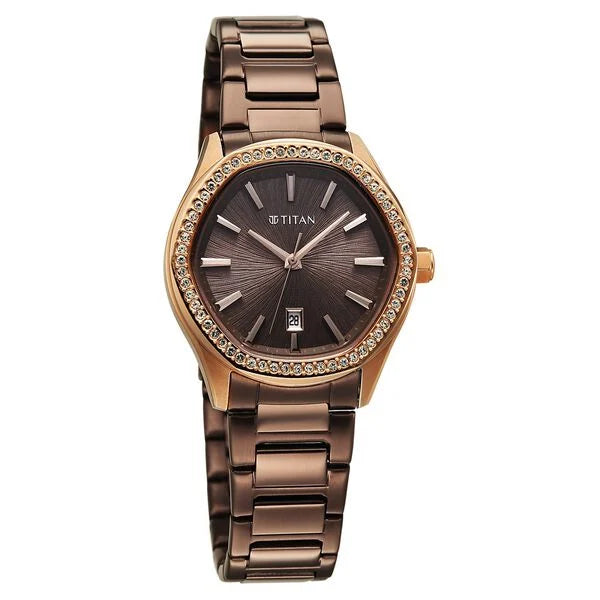Titan 95326KM02 | Titan Glamour Quartz Analog with Date Brown Dial Brown Stainless Steel Strap Watch For Women