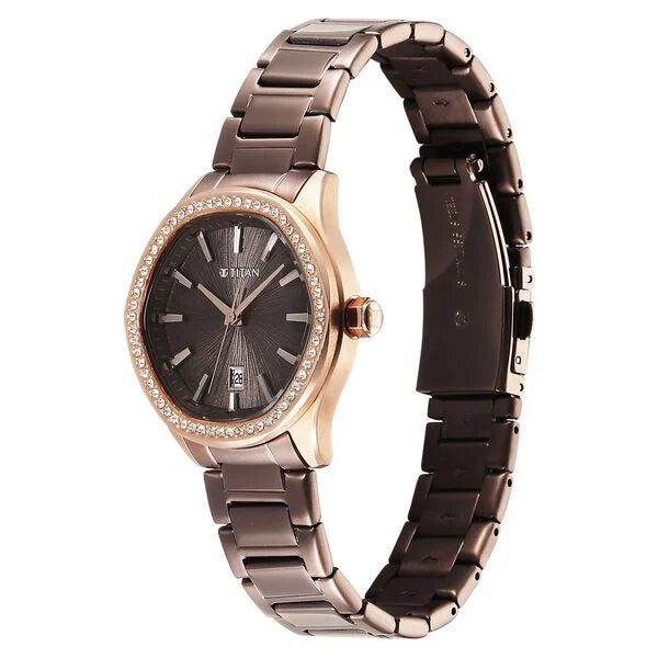 Titan 95326KM02 | Titan Glamour Quartz Analog with Date Brown Dial Brown Stainless Steel Strap Watch For Women