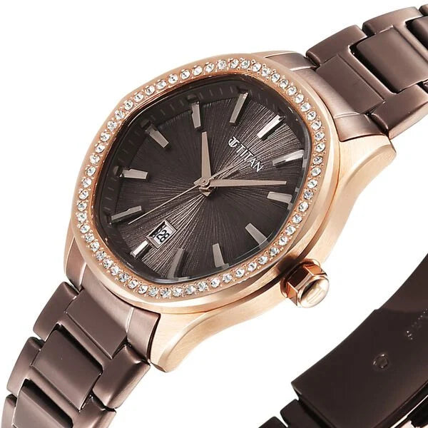 Titan 95326KM02 | Titan Glamour Quartz Analog with Date Brown Dial Brown Stainless Steel Strap Watch For Women