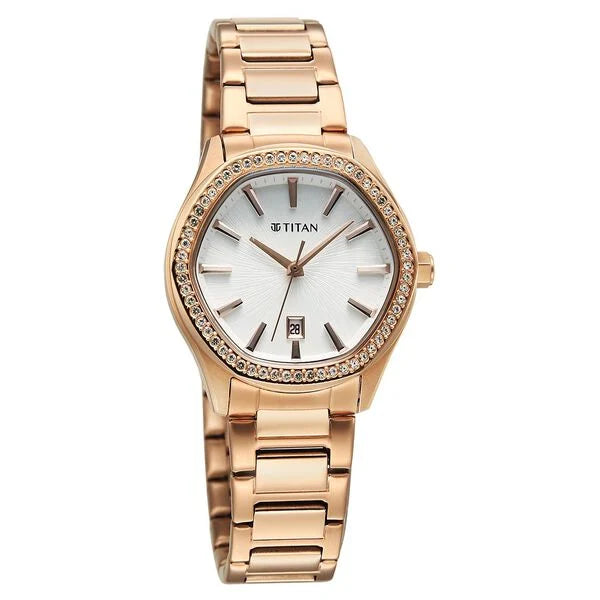 Titan 95326WM01 | Titan Glamour Quartz Analog with Date Silver Dial Rose Gold Stainless Steel Strap Watch For Women