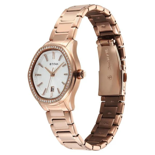 Titan 95326WM01 | Titan Glamour Quartz Analog with Date Silver Dial Rose Gold Stainless Steel Strap Watch For Women
