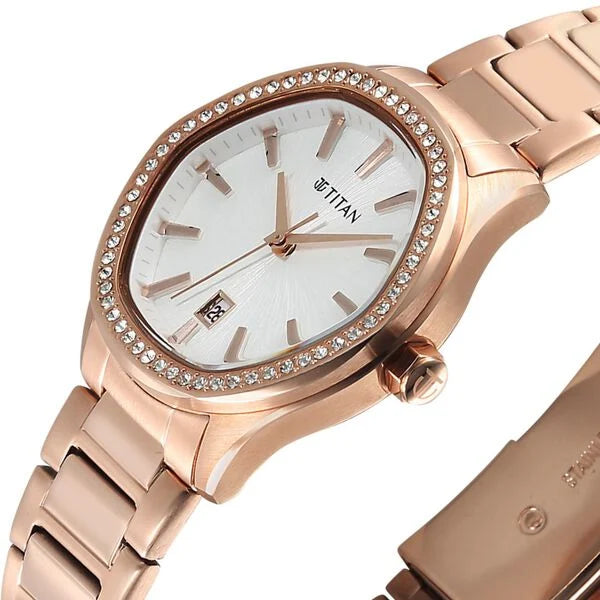 Titan 95326WM01 | Titan Glamour Quartz Analog with Date Silver Dial Rose Gold Stainless Steel Strap Watch For Women