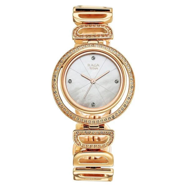 Titan 95329WM01F | Titan Raga Glimmers Quartz Analog Mother of Pearl Dial Rose Gold Metal Strap Watch For Women