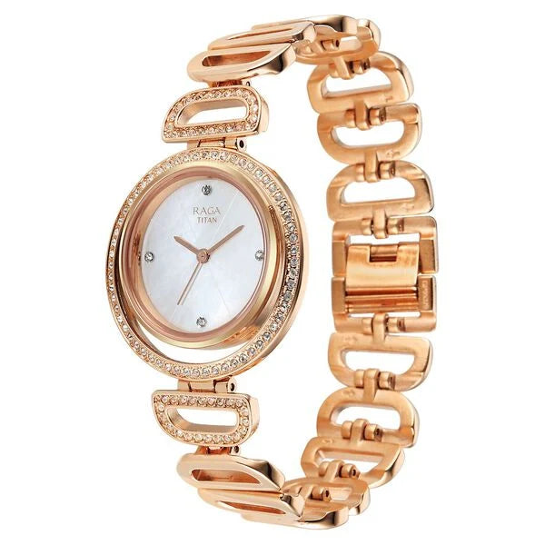 Titan 95329WM01F | Titan Raga Glimmers Quartz Analog Mother of Pearl Dial Rose Gold Metal Strap Watch For Women