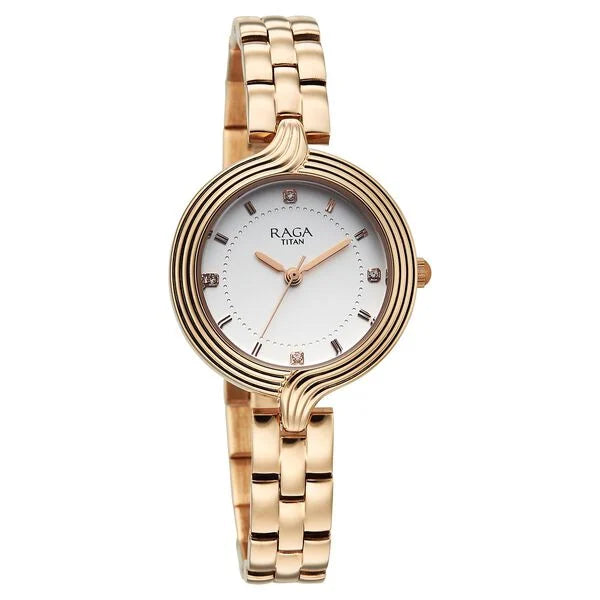 Titan 95346WM01 | Titan Raga Showstopper Quartz Analog White Dial Rose Gold Metal Strap Watch For Women