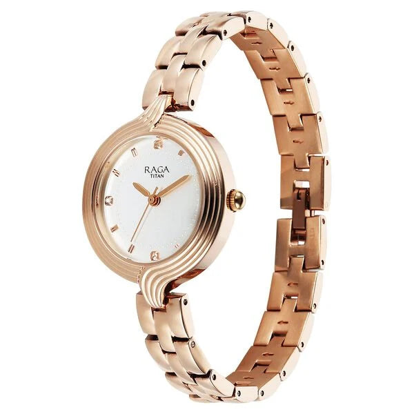 Titan 95346WM01 | Titan Raga Showstopper Quartz Analog White Dial Rose Gold Metal Strap Watch For Women