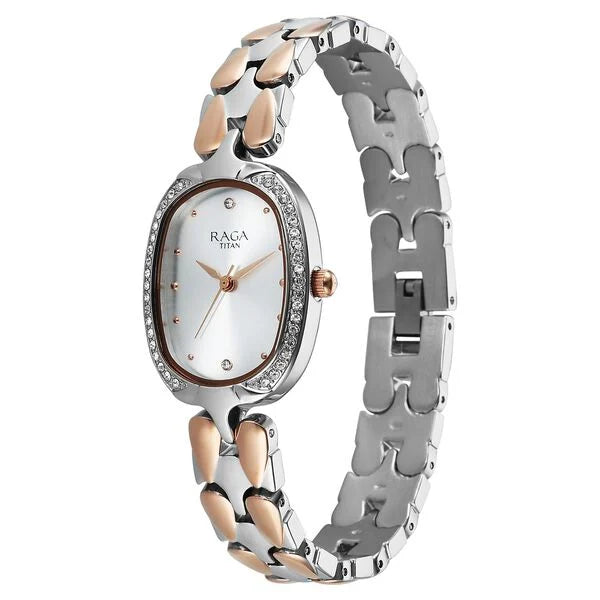 Titan 95347KM01 | Titan Raga Showstopper Quartz Analog Silver Dial Two Toned Metal Strap Watch For Women