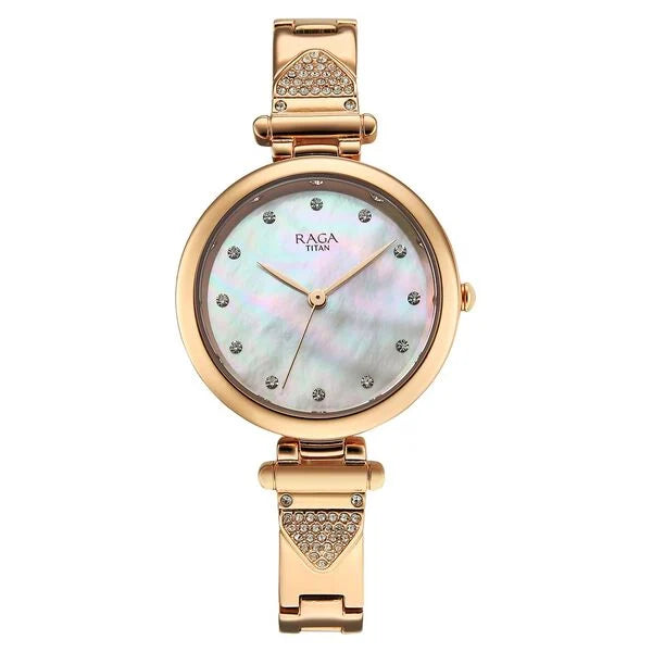 Titan 95363WM01 | Titan Raga Glimmers Quartz Analog Mother of Pearl Dial Rose Gold Metal Strap Watch For Women