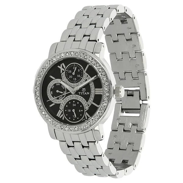 Titan 9743SM02 | Titan Quartz Analog with Day and Date Black Dial Stainless Steel Strap Watch for Women