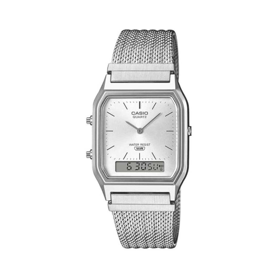 Casio AQ-230EM-7ADF D418 | Classics Men Quartz Silver Dial Analog-Digital Stainless Steel Watch