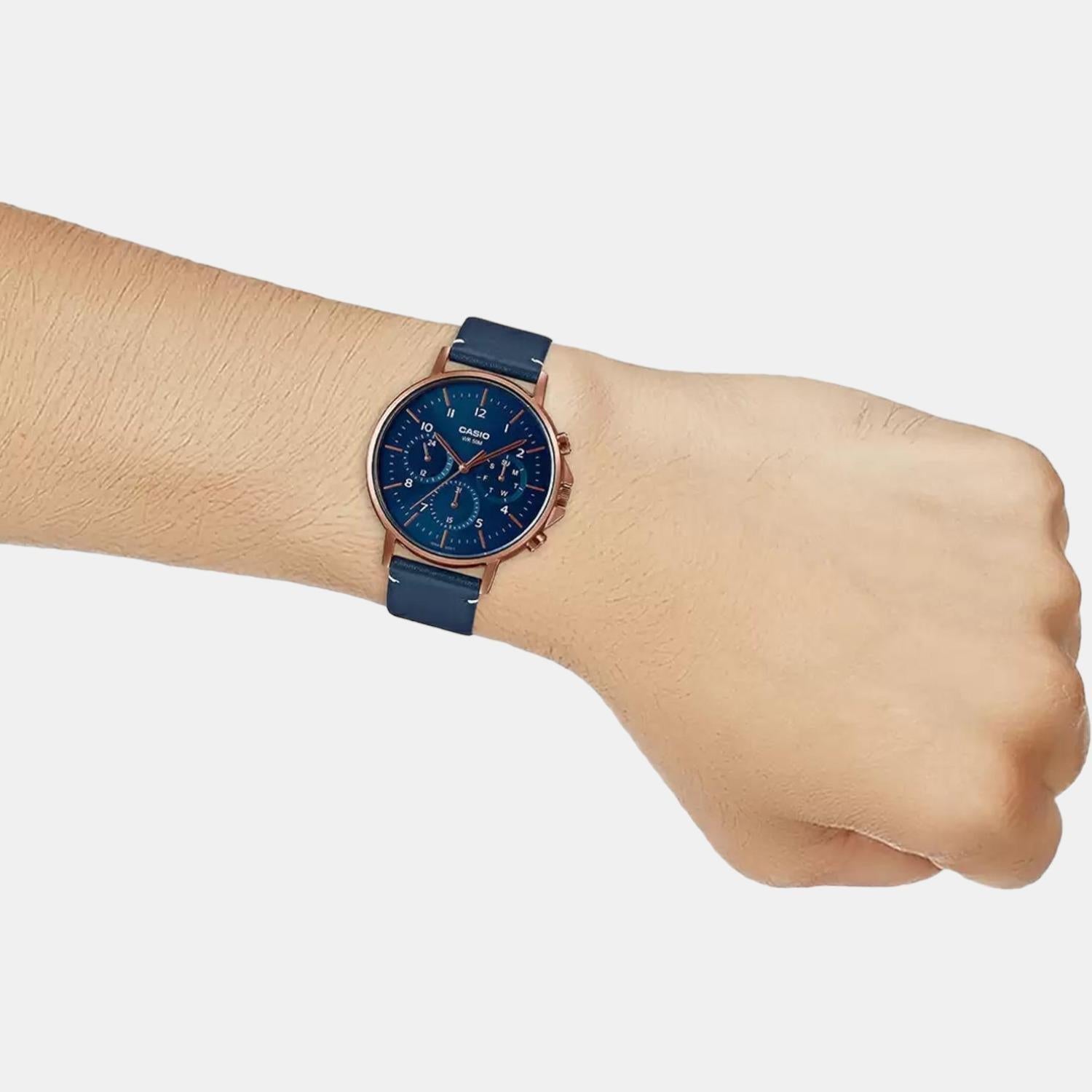 Enticer Men Quartz Blue Dial Chronograph Leather Watch A1849
