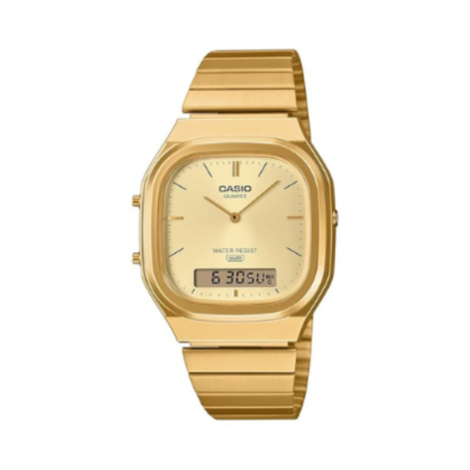 Casio AQ-240EG-9A D421 | Vintage Unisex Quartz Gold Dial Analog-Digital Stainless Steel Watch