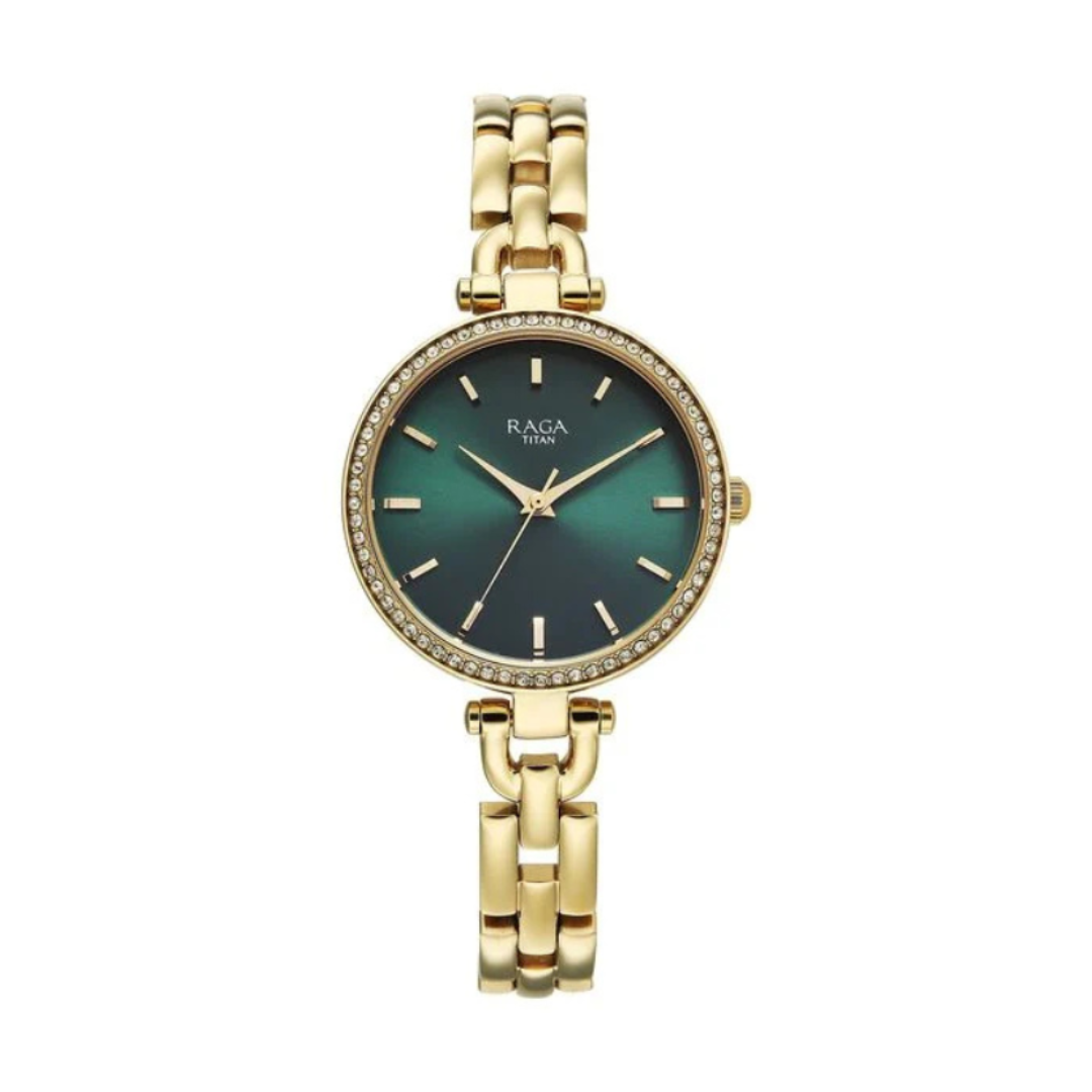 Titan 95345YM01 | Titan Raga Showstopper Quartz Analog Green Dial Golden Metal Strap Watch For Women