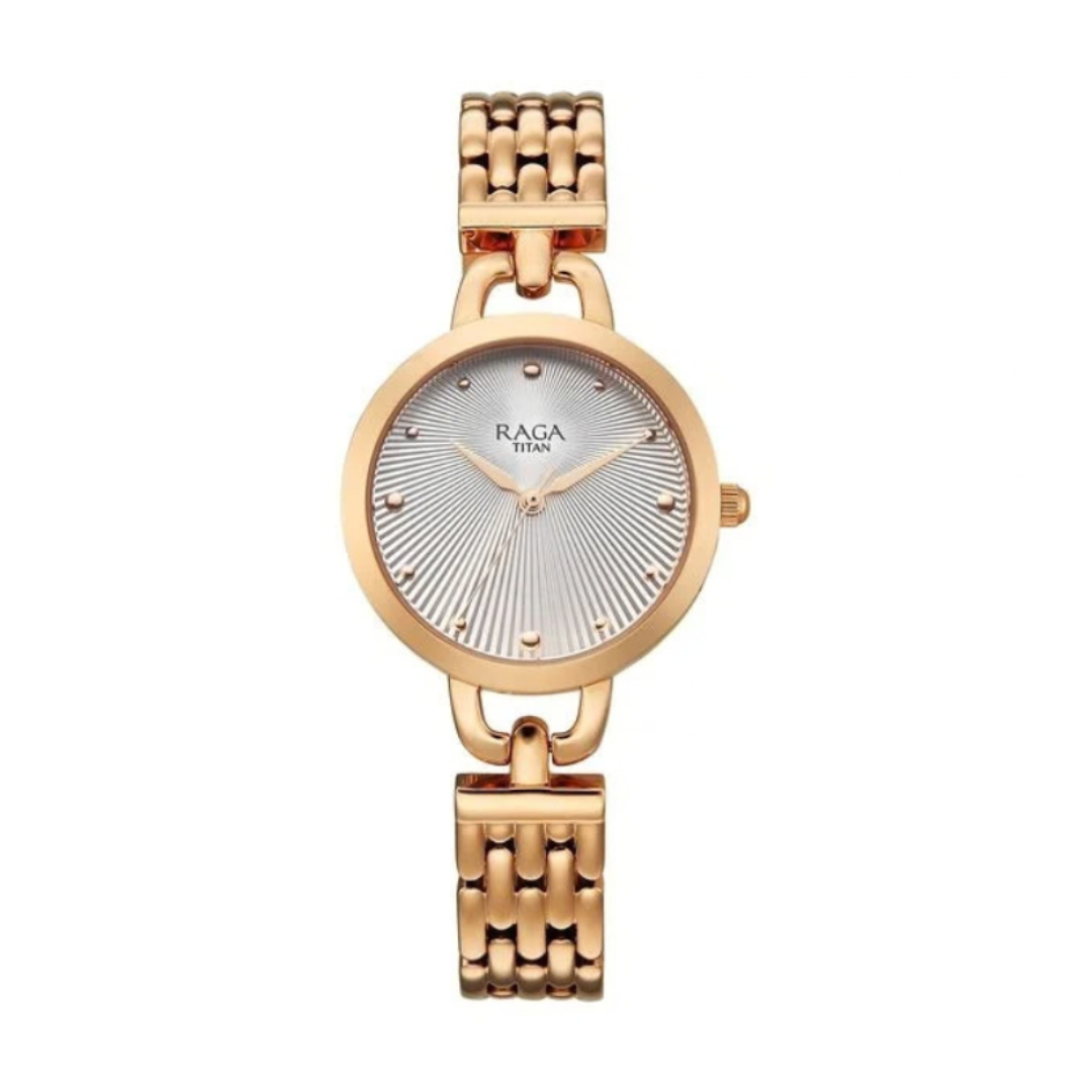 Titan 95349WM01 | Titan Raga Showstopper Quartz Analog Silver Dial Rose Gold Metal Strap Watch For Women