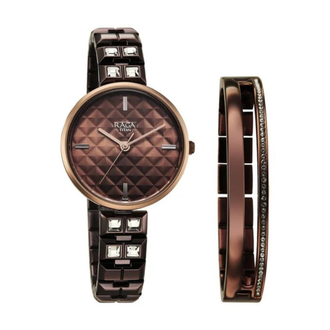 Titan Raga 2775QM01 |  Contempore Quartz Analog Brown Dial Metal Strap Watch For Women