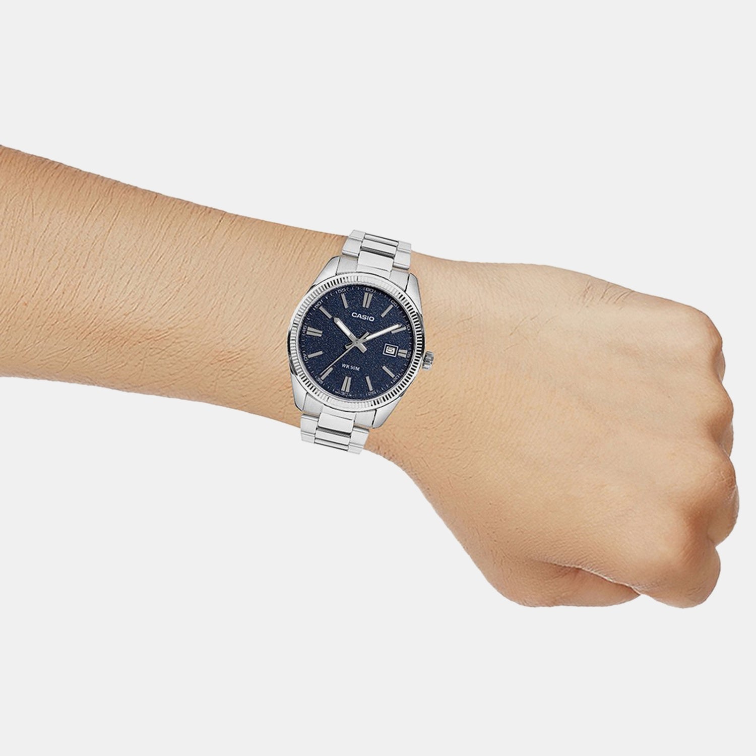 Enticer Men Quartz Navy Dial Analog Stainless Steel Watch MTP-1302DA-2A1VDF A2485