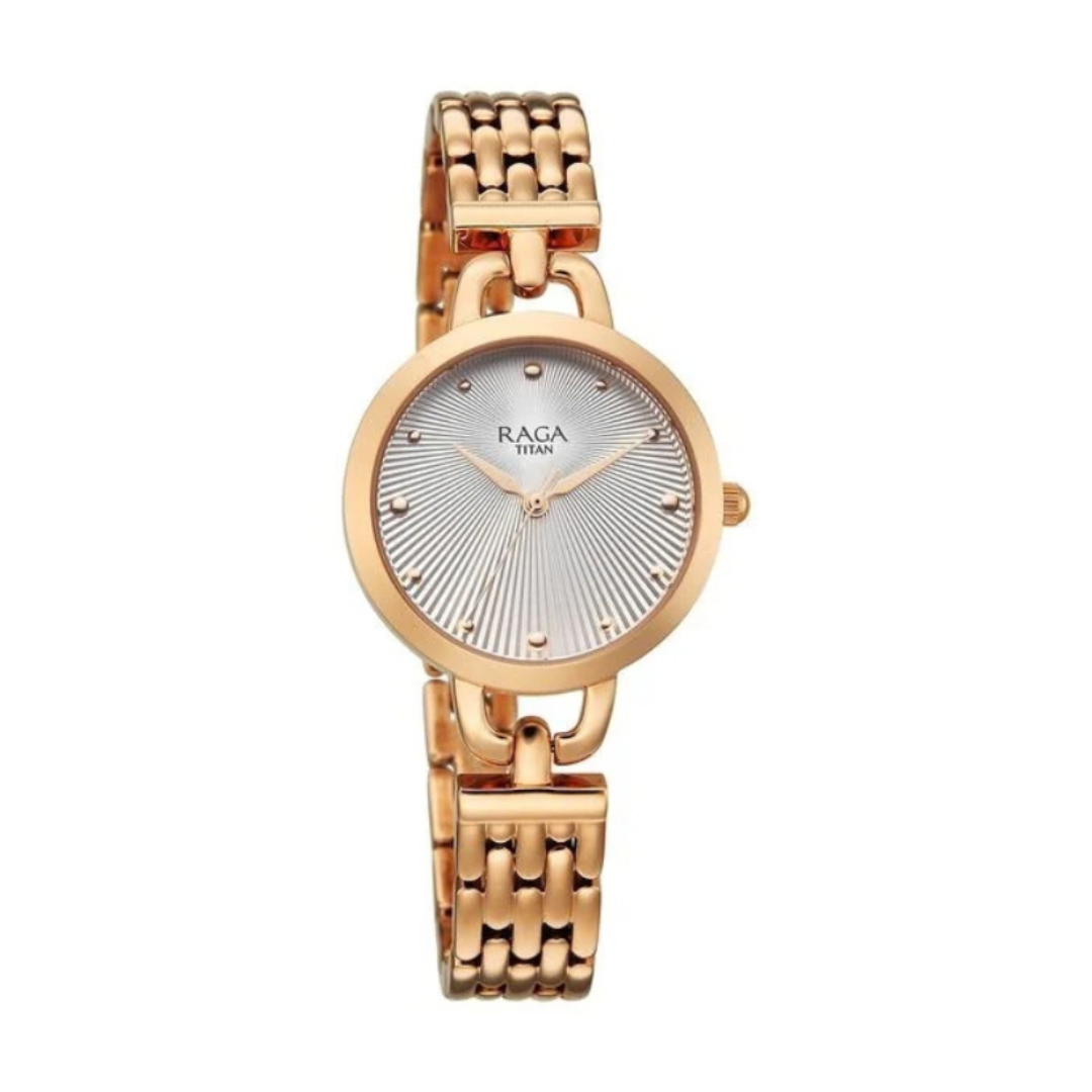 Titan 95349WM01 | Titan Raga Showstopper Quartz Analog Silver Dial Rose Gold Metal Strap Watch For Women