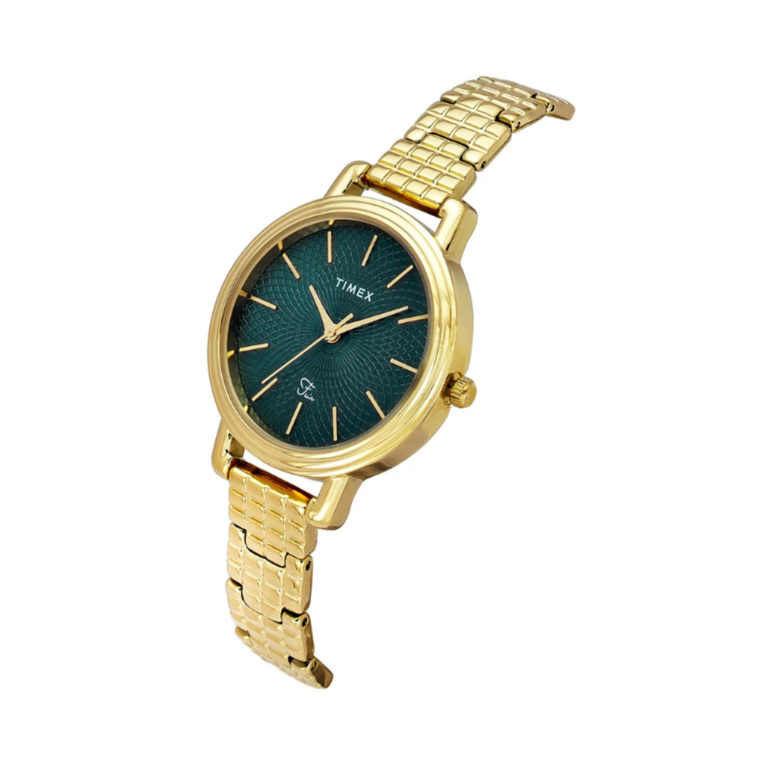 Timex TWEL23900 | Timex Fria Round 34mm Green Dial Analog Women Watch.