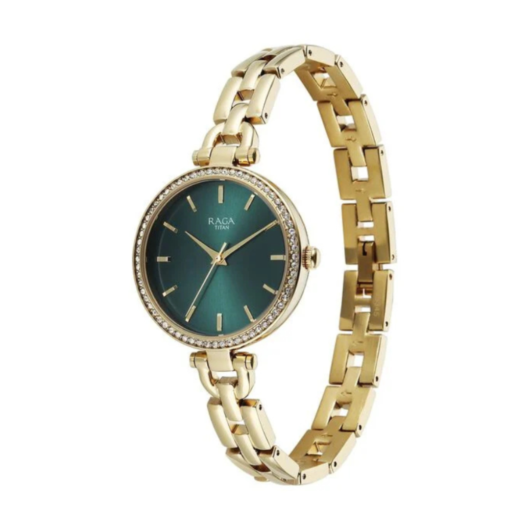 Titan 95345YM01 | Titan Raga Showstopper Quartz Analog Green Dial Golden Metal Strap Watch For Women