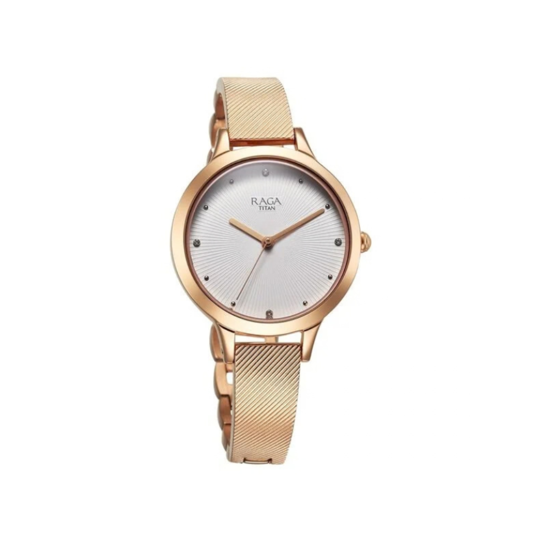 Titan 2754WM01 | Titan Raga Memoirs Quartz Analog White Dial With Rose Gold Color Metal Strap Watch For Women