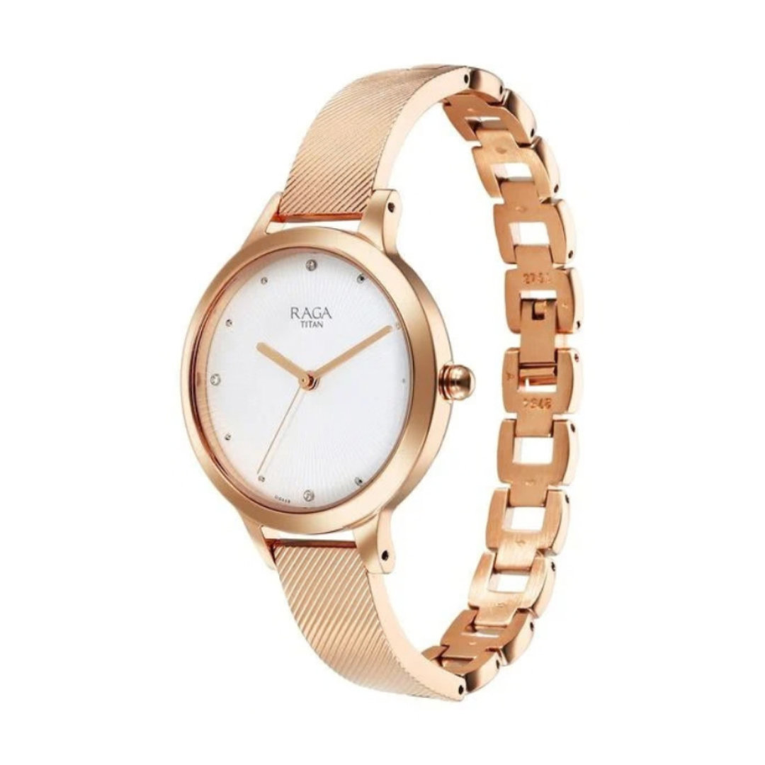 Titan 2754WM01 | Titan Raga Memoirs Quartz Analog White Dial With Rose Gold Color Metal Strap Watch For Women