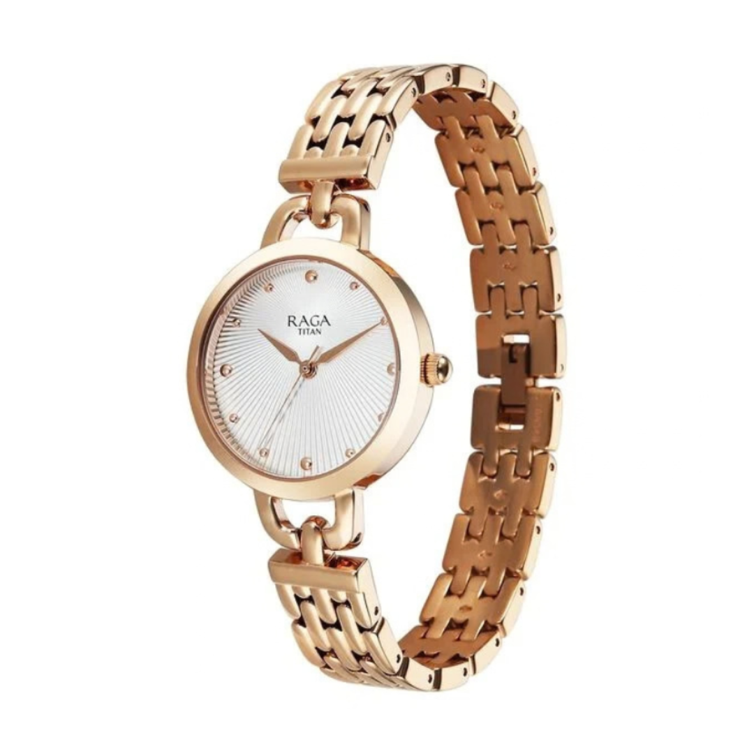 Titan 95349WM01 | Titan Raga Showstopper Quartz Analog Silver Dial Rose Gold Metal Strap Watch For Women